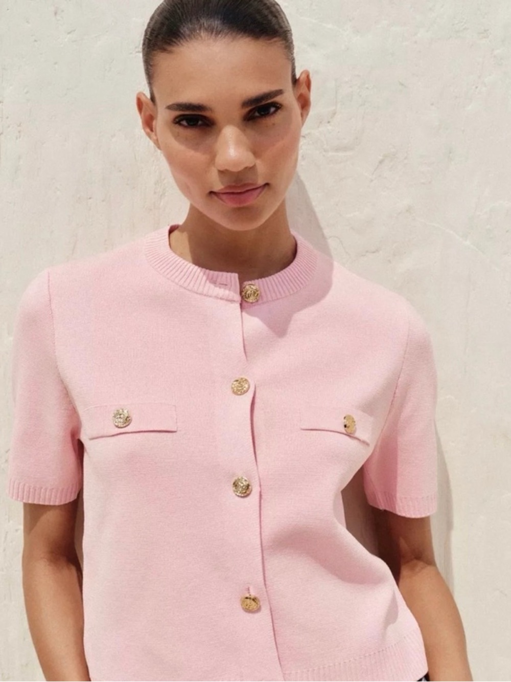Zara Pink Short-Sleeve Crewneck Cardigan with Gold Buttons